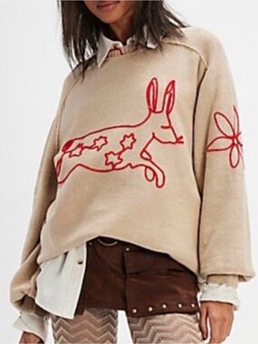 We The Free Heritage embroidered rabbit flower sweater pullover